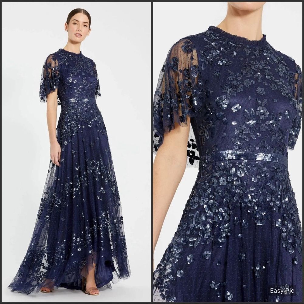 Mac Duggal 9192 Sequined High Neck Flutter Sleeve A Line Gown Blue 12